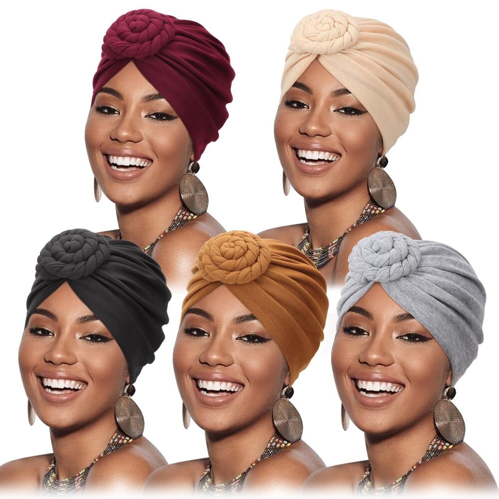 5011 5 Pack Knotted Headwraps for Black African Turban Pre-Knotted Beanie